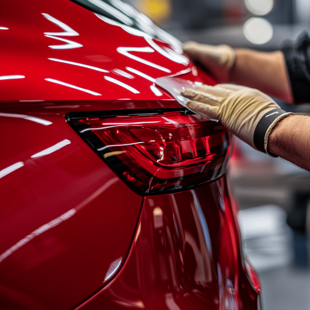 red car getting paint protection film